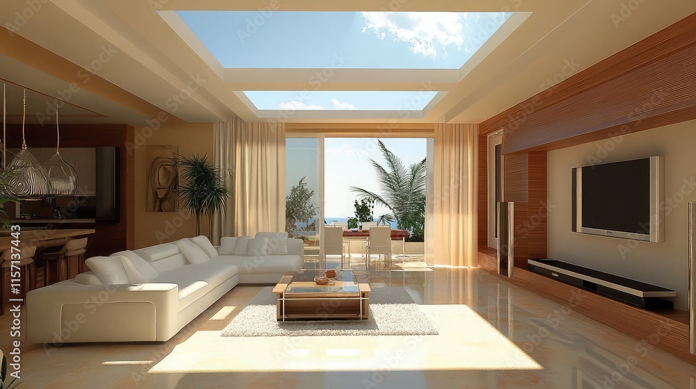 Fototapeta premium Open-concept living room with a skylight ceiling flooding the space with natural light