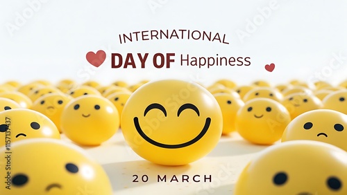 Bright yellow international day of happiness March 20 design with happy and sad smiley faces, promoting positivity, emotional health, and mental wellness in a cheerful and heartwarming illustration