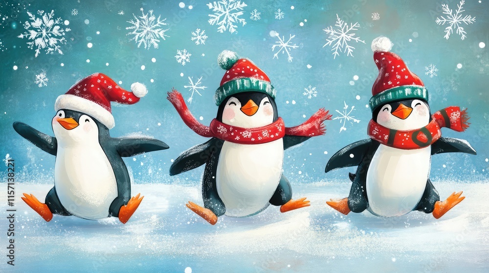 Playful Christmas penguins sliding on ice with festive hats and scarves, surrounded by snowflakes Playful Christmas penguins sliding on ice with festive hats and scarves, surrounded by snowflakes