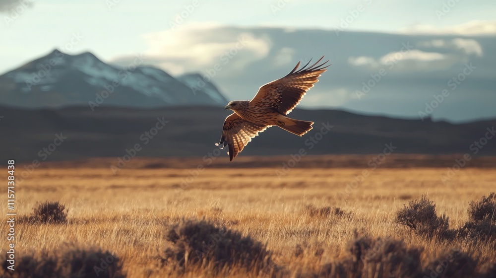 Brown hawk soaring over golden grassland with mountains in background. Brown hawk soaring over golden grassland with mountains in background.