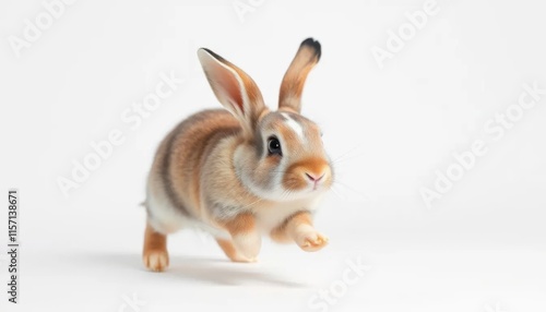 Adorable Baby Rabbit in Mid-Leap Against a White Background photo