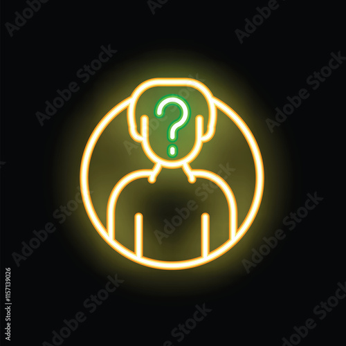 Glowing neon icon of a person with question mark inside their head, representing confusion or an unknown identity