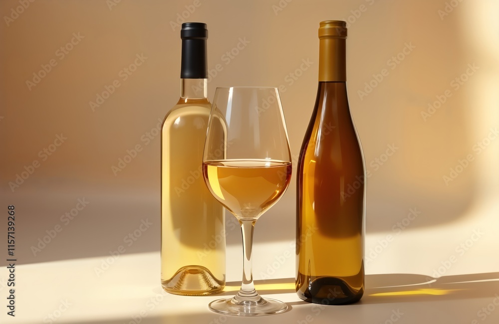 Two white wine bottles, wine glass display elegance. Different shades of white wine displayed. Still life concept. Product shot ideal for wine shop. Focus on quality beverages. Simple minimalist Two white wine bottles, wine glass display elegance. Different shades of white wine displayed. Still life concept. Product shot ideal for wine shop. Focus on quality beverages. Simple minimalist