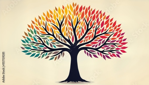 Colorful tree illustration with various shades of leaves. Image presents family tree concept. Blank cells invite adding names, details. Vibrant colors, light background create visual connection.