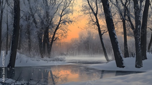 A serene winter landscape at sunrise, with snow-covered trees reflecting in a calm, partially frozen pond photo