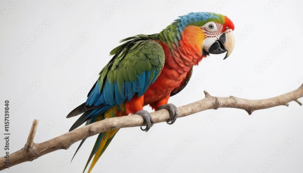 Fototapeta premium Vibrant Parrot Perched on Branch Against a White Background