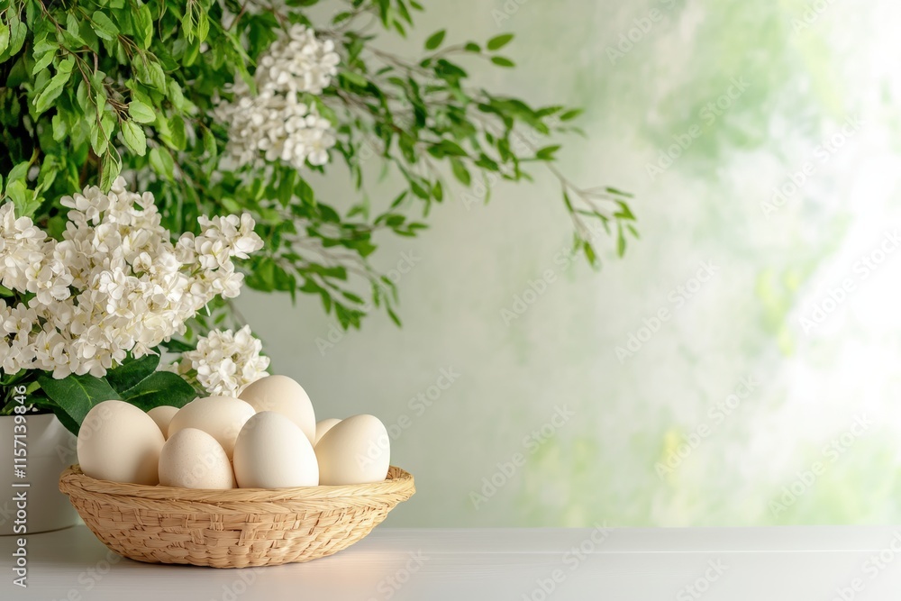 A serene Easter display features a charming basket of colorful eggs, surrounded by delicate white flowers and lush greenery, set against a soft, pastel background radiating warmth and renewal A serene Easter display features a charming basket of colorful eggs, surrounded by delicate white flowers and lush greenery, set against a soft, pastel background radiating warmth and renewal