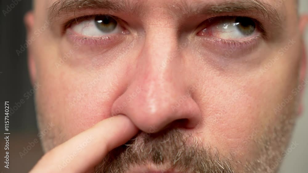 Man picking nose with silly look on face close up. Male digging nose with goofy expression. Guy scratching nose with foolish grin Man picking nose with silly look on face close up. Male digging nose with goofy expression. Guy scratching nose with foolish grin