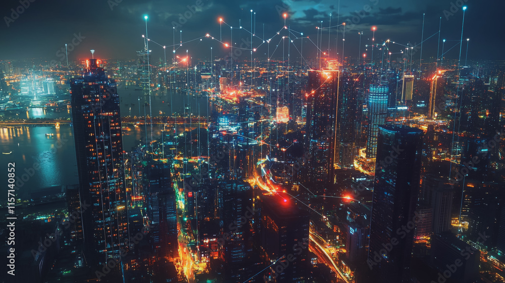 Fototapeta premium Smart digital Innovation city with connection network reciprocity over the cityscape. of future smart wireless digital city and social media networking systems that connects people with in city