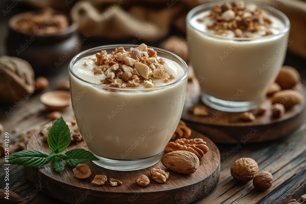 Delicious Ramadan Suhoor featuring yogurt topped with nuts and honey in a cozy setting Delicious Ramadan Suhoor featuring yogurt topped with nuts and honey in a cozy setting