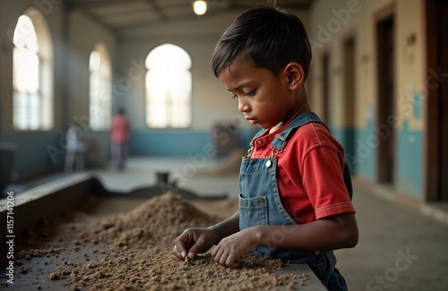 Young boy playing with sand in industrial setting. Child sits in factory-like space. Looks engaged in activity on work surface. Industrial environment shows child labor issue. Poor living conditions photo