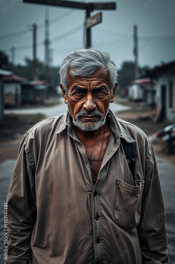 Somber Portrait of an Elderly Man in a Rural Setting Somber Portrait of an Elderly Man in a Rural Setting