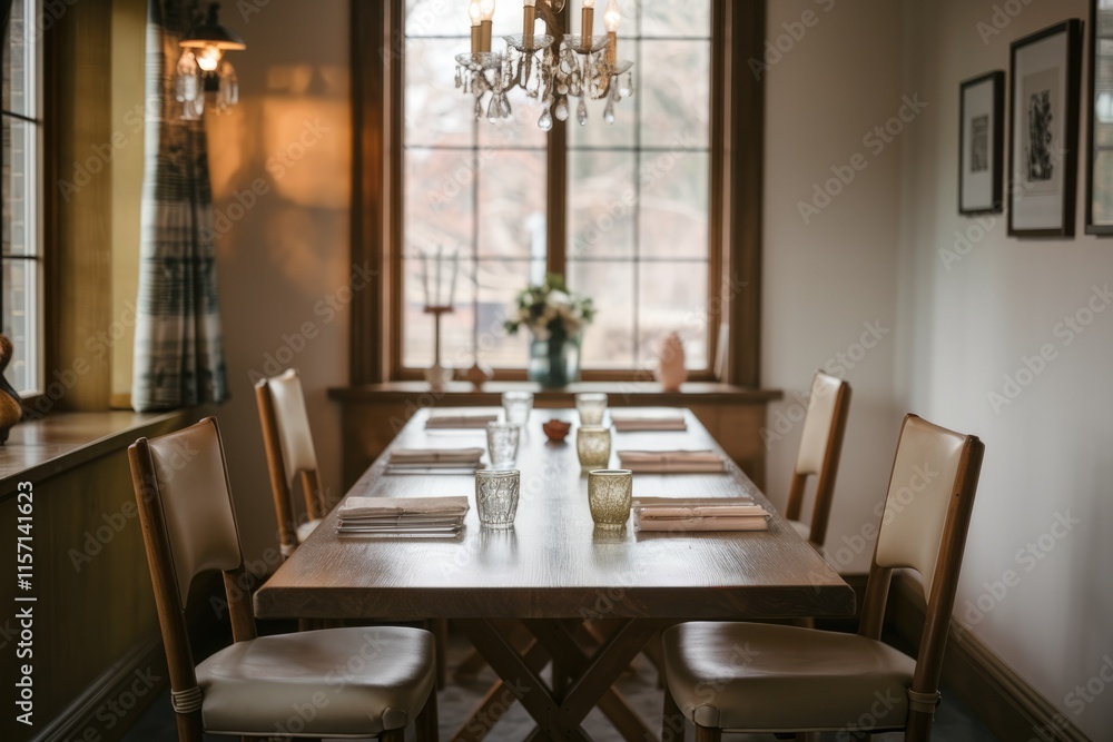 A rustic dining table set for a meal, featuring a wooden table, chairs, and elegant crystal glassware. A rustic dining table set for a meal, featuring a wooden table, chairs, and elegant crystal glassware.
