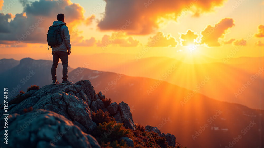 Obraz premium a person climbing a mountain at sunrise, symbolizing persistence in pursuing goals and the process of self-transcendence. Sunlight filled with hope, resilience, and a sense of achievement.