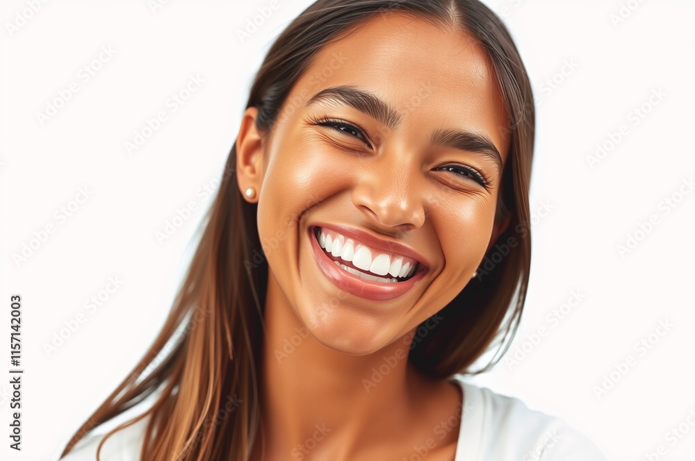 Cheerful Young Woman with Long Hair Smiling Brightly Against a Plain Background Cheerful Young Woman with Long Hair Smiling Brightly Against a Plain Background