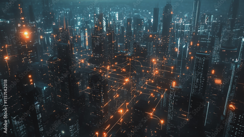 Smart digital Innovation city with connection network reciprocity over the cityscape. of future smart wireless digital city and social media networking systems that connects people with in city Smart digital Innovation city with connection network reciprocity over the cityscape. of future smart wireless digital city and social media networking systems that connects people with in city