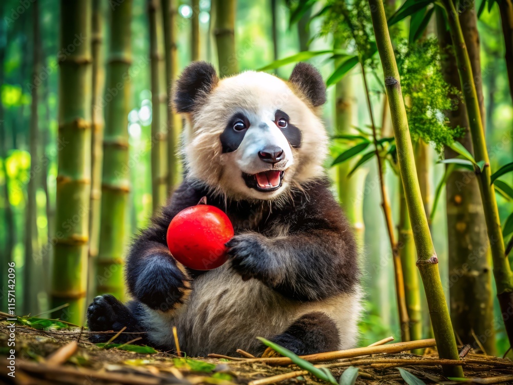 Obraz premium Adorable Panda Playing with Ball: Eye-Level Photo of a Cute Panda Cub Enjoying a Red Ball