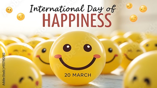 Happy and sad emoji-themed international day of happiness March 20 illustration with a glowing yellow smiley face centerpiece for mental health awareness, positivity campaigns, and celebrating global