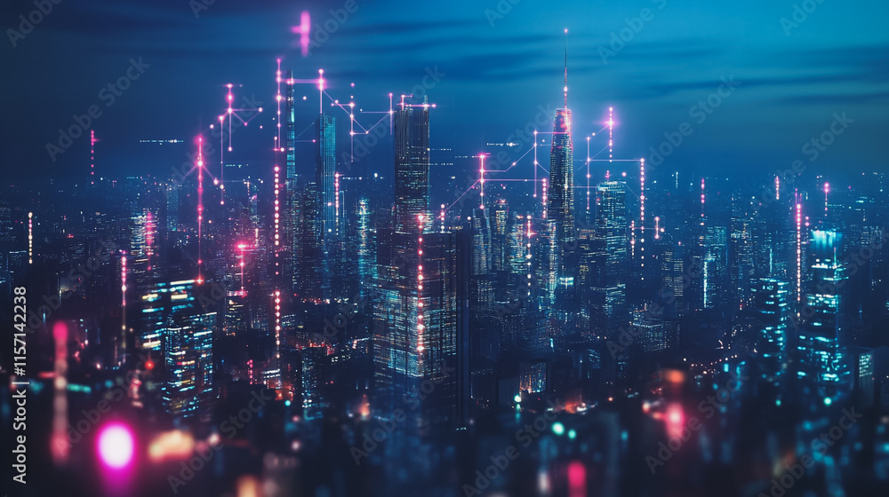 Smart digital Innovation city with connection network reciprocity over the cityscape. of future smart wireless digital city and social media networking systems that connects people with in city Smart digital Innovation city with connection network reciprocity over the cityscape. of future smart wireless digital city and social media networking systems that connects people with in city