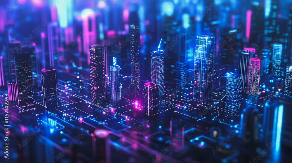 Obraz premium Smart digital Innovation city with connection network reciprocity over the cityscape. of future smart wireless digital city and social media networking systems that connects people with in city