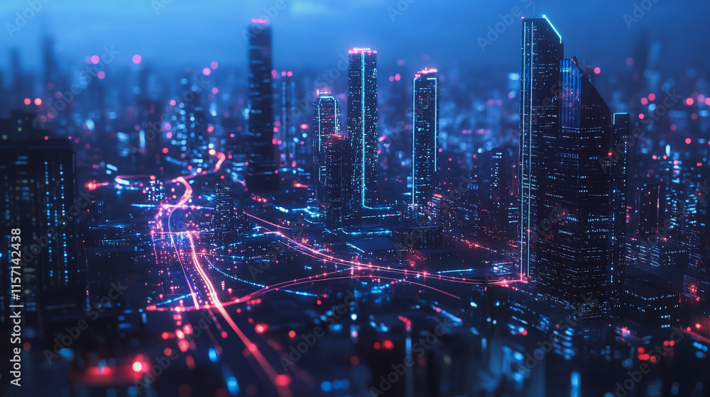 Fototapeta premium Smart digital Innovation city with connection network reciprocity over the cityscape. of future smart wireless digital city and social media networking systems that connects people with in city