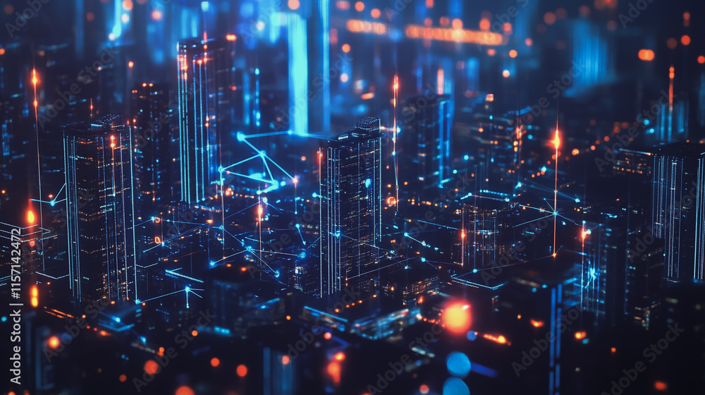 Fototapeta premium Smart digital Innovation city with connection network reciprocity over the cityscape. of future smart wireless digital city and social media networking systems that connects people with in city