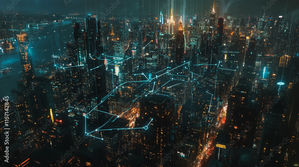 Smart digital Innovation city with connection network reciprocity over the cityscape. of future smart wireless digital city and social media networking systems that connects people with in city