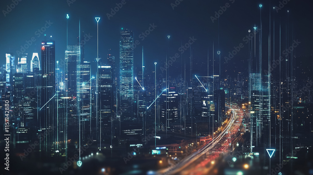 Naklejka premium Smart digital Innovation city with connection network reciprocity over the cityscape. of future smart wireless digital city and social media networking systems that connects people with in city