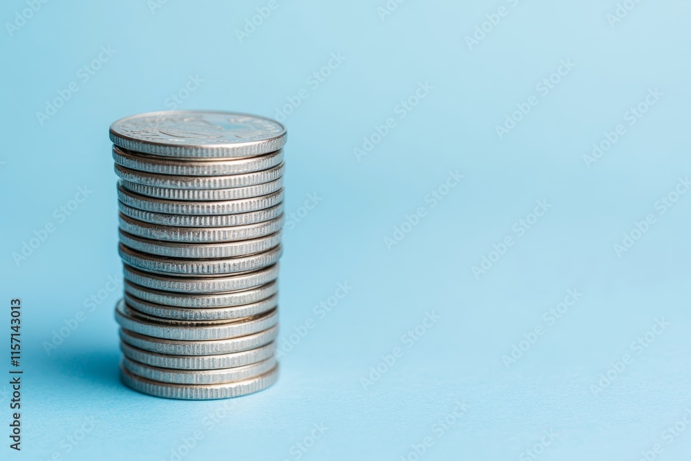 Stack of coins arranged neatly on a light blue background for financial concept Stack of coins arranged neatly on a light blue background for financial concept