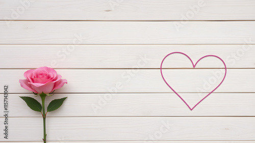 Pink Rose and Heart on White Wood: A delicate pink rose with lush green leaves rests on a rustic white wooden background, accompanied by a hand-drawn heart in vibrant pink.