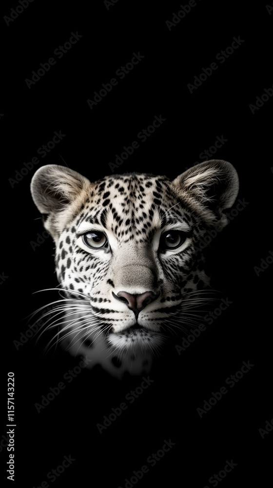 Leopard cub gazes intensely with striking black and white contrast in a captivating close-up shot Leopard cub gazes intensely with striking black and white contrast in a captivating close-up shot