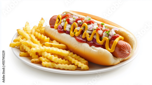 Delicious Hot Dog Topped with Mustard, Ketchup, and Fresh Onions, Accompanied by Crinkle-Cut Fries on a Simple White Plate.