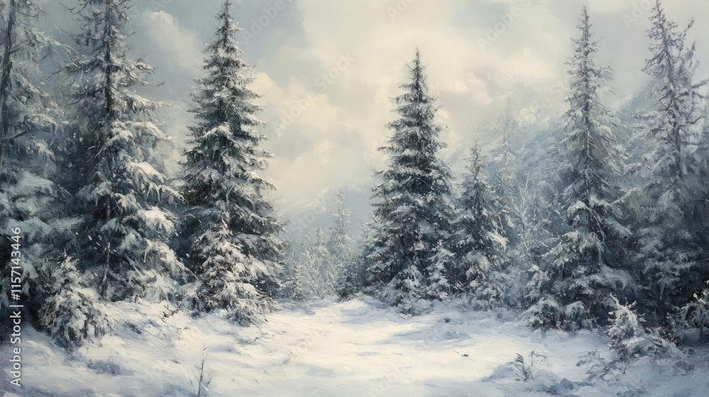 Naklejka premium Snow-laden evergreen trees in a tranquil forest under a pale winter sky