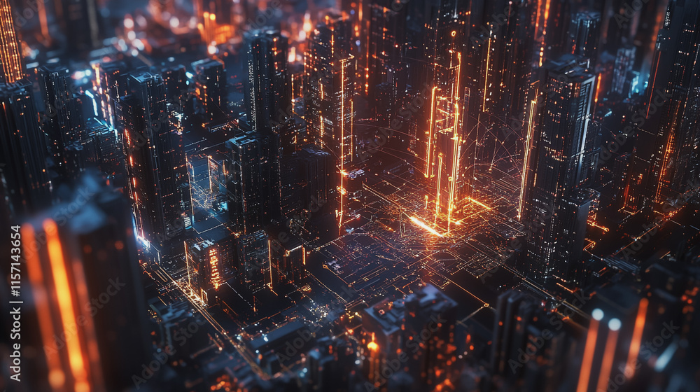 Fototapeta premium Smart digital Innovation city with connection network reciprocity over the cityscape. of future smart wireless digital city and social media networking systems that connects people with in city