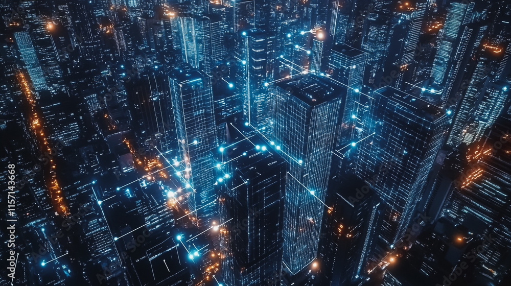 Smart digital Innovation city with connection network reciprocity over the cityscape. of future smart wireless digital city and social media networking systems that connects people with in city Smart digital Innovation city with connection network reciprocity over the cityscape. of future smart wireless digital city and social media networking systems that connects people with in city