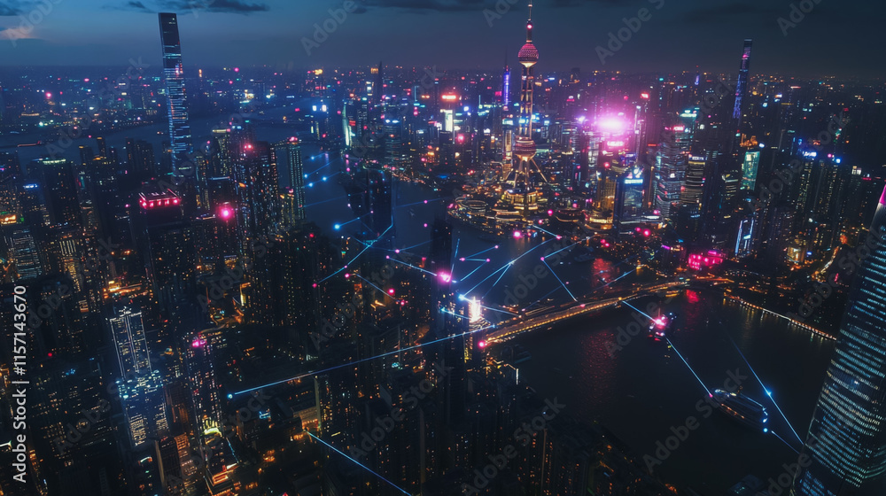 Fototapeta premium Smart digital Innovation city with connection network reciprocity over the cityscape. of future smart wireless digital city and social media networking systems that connects people with in city