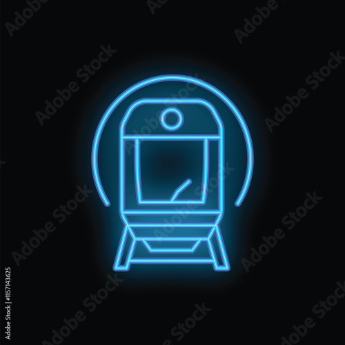 Bright blue neon sign depicting a train arriving at a platform, with glowing headlights illuminating the track ahead