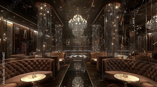 Luxurious Nightclub with Plush Velvet Booths Shimmering Crystal Chandelier and Mirrored Dance Floor Reflecting Revelers Movement