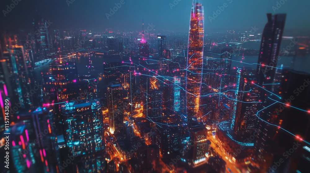 Fototapeta premium Smart digital Innovation city with connection network reciprocity over the cityscape. of future smart wireless digital city and social media networking systems that connects people with in city