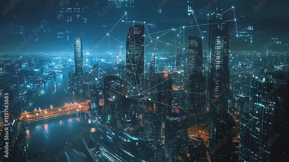 Smart digital Innovation city with connection network reciprocity over the cityscape. of future smart wireless digital city and social media networking systems that connects people with in city Smart digital Innovation city with connection network reciprocity over the cityscape. of future smart wireless digital city and social media networking systems that connects people with in city