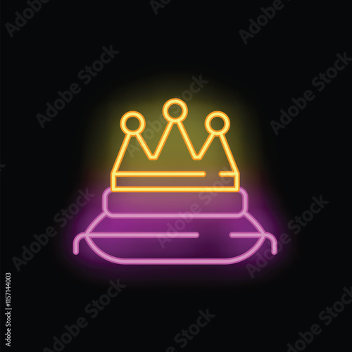 Neon sign representing a golden crown standing on a pillow, a concept of privileged sleep and rest