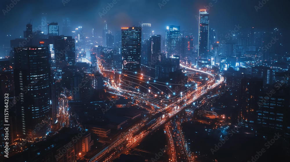 Fototapeta premium Smart digital Innovation city with connection network reciprocity over the cityscape. of future smart wireless digital city and social media networking systems that connects people with in city