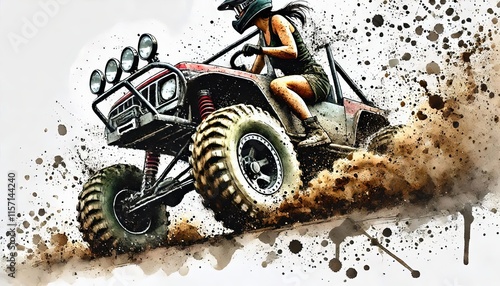 Close up of off road vehicle tires kicking up dirt, Off Road Racing female athlete in watercolour painting in minimalist white background, photo