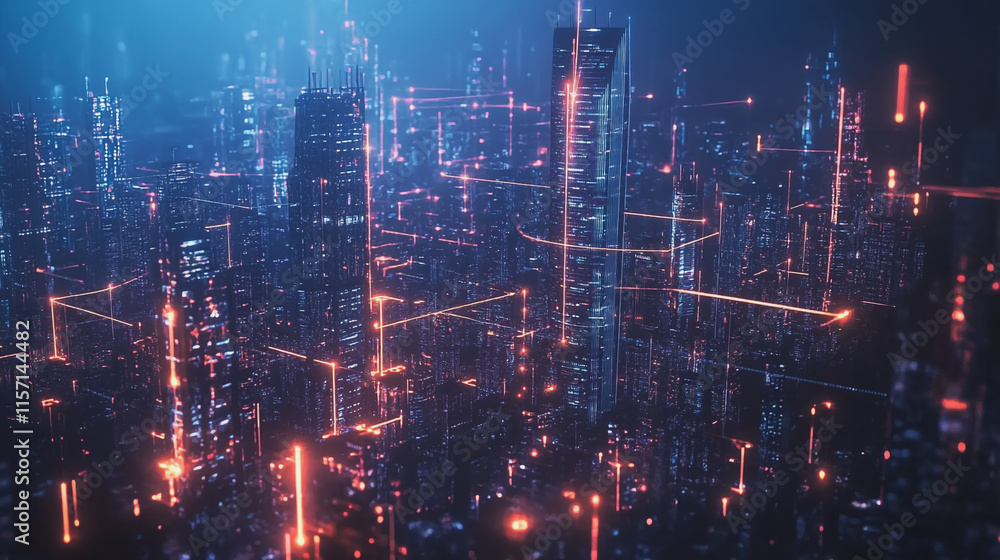 Smart digital Innovation city with connection network reciprocity over the cityscape. of future smart wireless digital city and social media networking systems that connects people with in city Smart digital Innovation city with connection network reciprocity over the cityscape. of future smart wireless digital city and social media networking systems that connects people with in city