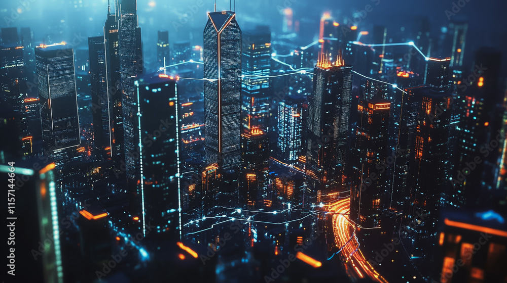 Smart digital Innovation city with connection network reciprocity over the cityscape. of future smart wireless digital city and social media networking systems that connects people with in city Smart digital Innovation city with connection network reciprocity over the cityscape. of future smart wireless digital city and social media networking systems that connects people with in city