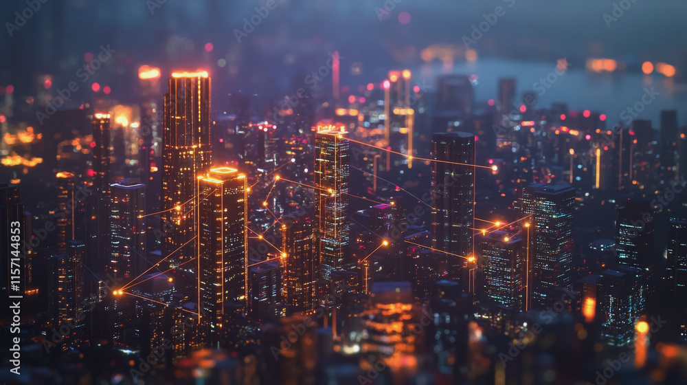 Smart digital Innovation city with connection network reciprocity over the cityscape. of future smart wireless digital city and social media networking systems that connects people with in city Smart digital Innovation city with connection network reciprocity over the cityscape. of future smart wireless digital city and social media networking systems that connects people with in city
