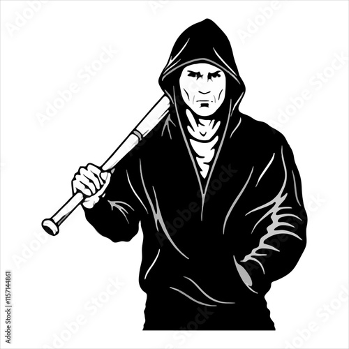man with baseball bat black hoodie