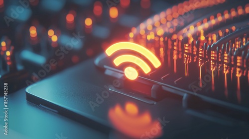 Close-up of glowing wi-fi symbol on modern digital device, surrounded by connected network cables and routers, representing internet service connectivity and modern technology integration.