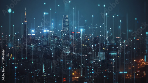 Wallpaper Mural Smart digital Innovation city with connection network reciprocity over the cityscape. of future smart wireless digital city and social media networking systems that connects people with in city Torontodigital.ca