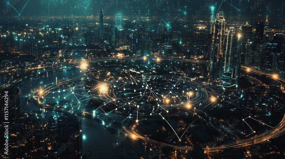 Smart digital Innovation city with connection network reciprocity over the cityscape. of future smart wireless digital city and social media networking systems that connects people with in city Smart digital Innovation city with connection network reciprocity over the cityscape. of future smart wireless digital city and social media networking systems that connects people with in city